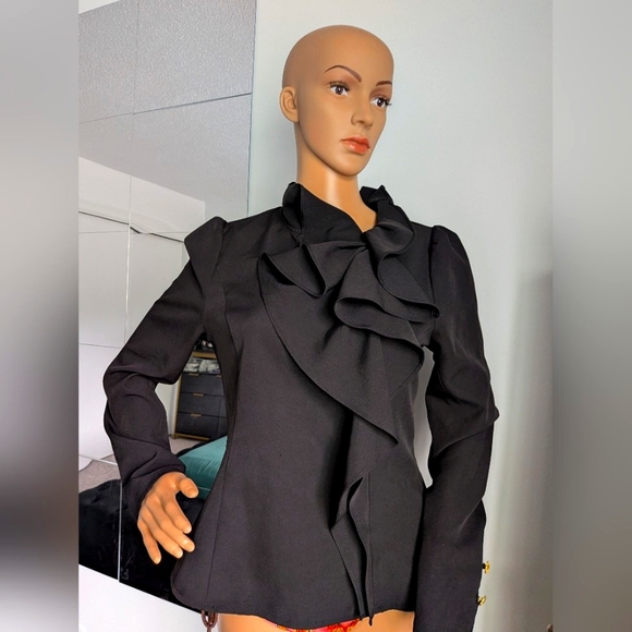 Gracia Black Ruffle Long-sleeve Blouse, Size M- Excellent Condition! Gold Detail - Picture 13 of 13